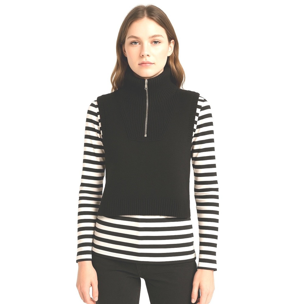 H&M Knit Sleeveless Turtleneck Sweater‎ Vest Black OS Half Zip Layering 90-47